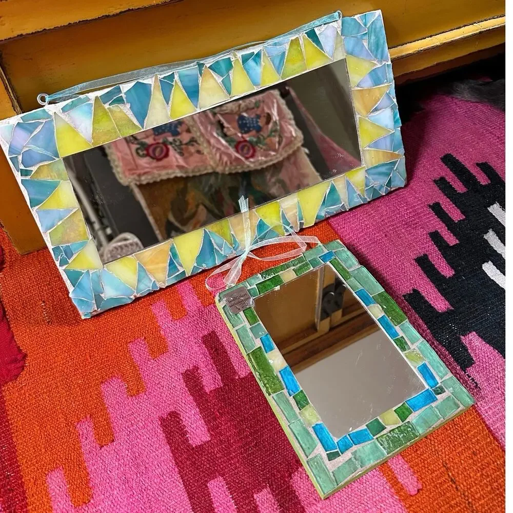 2 Vintage MOSAIC MIRRORS swell colors handmade bohemian green yellow 16x8”,8x6”